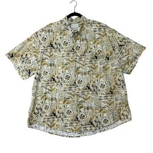 CROSSINGS Mens Hawaiian Shirt XXL Brown Beige Tribal Geometric Cotton Casual